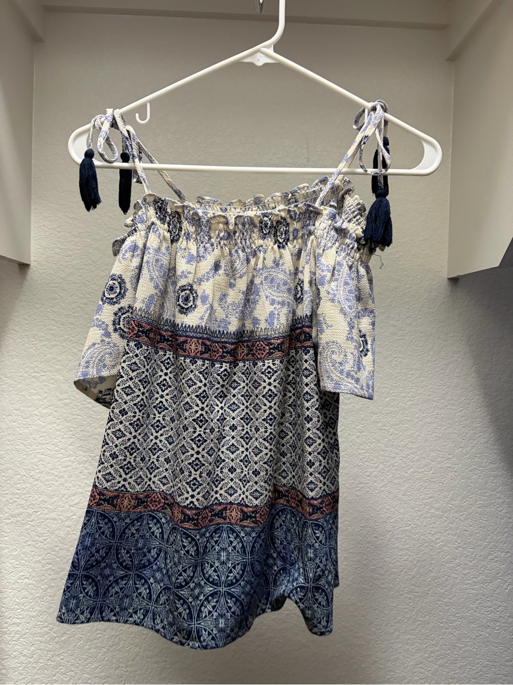 Boho Off-Shoulder Tie-Strap Top in Navy and Cream